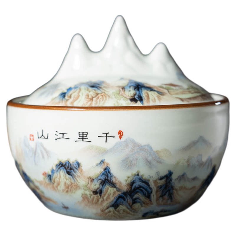 山峰陶瓷火锅砚台带盖保湿双圈不干墨多功能墨池墨碗文房创意墨盒