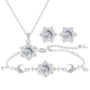 银项链手链耳钉女999纯银莫桑钻雪花首饰三件套女款2026新款女士
