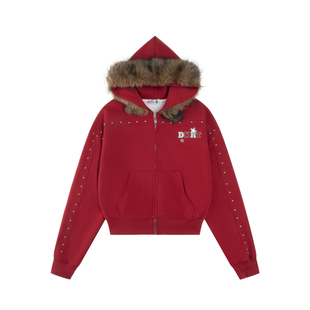 DHSS美式复古钉珠毛领开衫连帽卫衣女秋季新款宽松高级感短款外套