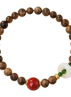 天然文莱沉香手串女款木质文玩本命年碧玉南红转运珠手链饰品礼物