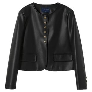 ibudu2025春季新款PU皮外套圆领单排扣短款宽松皮衣夹克女