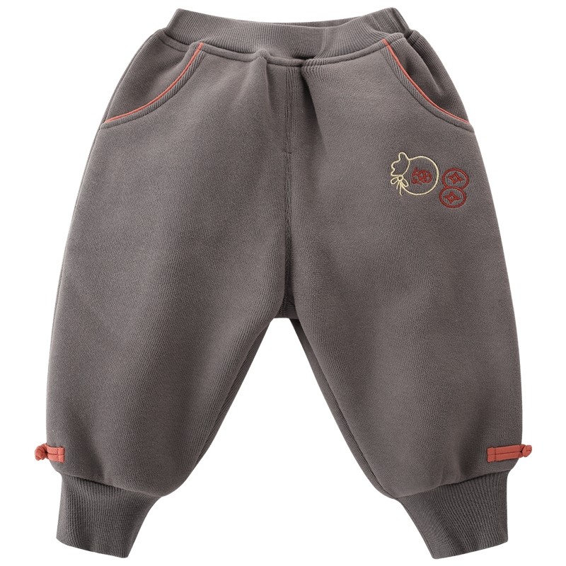 女童加绒裤子男童冬季宝宝加厚休闲保暖裤国风红色过年儿童新年裤