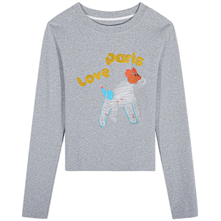 落落狷介 打底衫2025新款女长袖灰色T恤女小个子显瘦上衣刺绣外穿