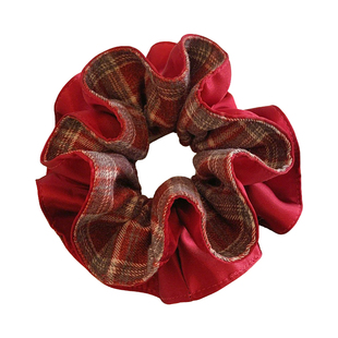 法式红色格纹双层大肠发圈女2026新款高级感洋气时尚新年发饰头绳