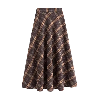 大码复古格子中长款毛呢半身裙女