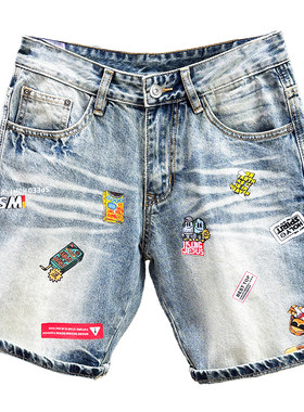 夏季薄款男士卡通印花牛仔短裤