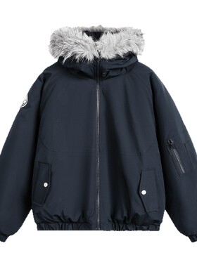 VIISHOW美式复古毛领连帽加厚防寒棉服男女派克服工装棉衣外套潮
