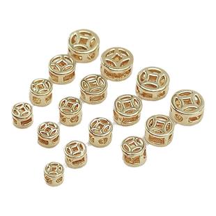 强保色14K铜镀厚金立体圆形双面福字铜钱小隔珠手串DIY首饰配件
