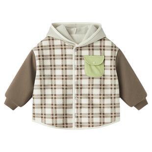 博睿恩男女宝宝羊羔绒外套秋冬装儿童一体绒保暖连帽格子衣服童装