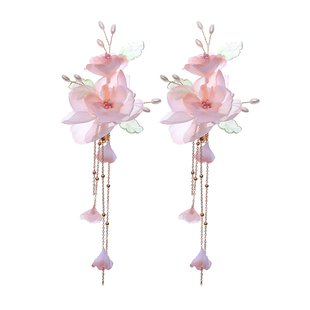 绢花头饰发夹古风绢纱花朵流苏对夹古装头花夹子儿童发饰汉服