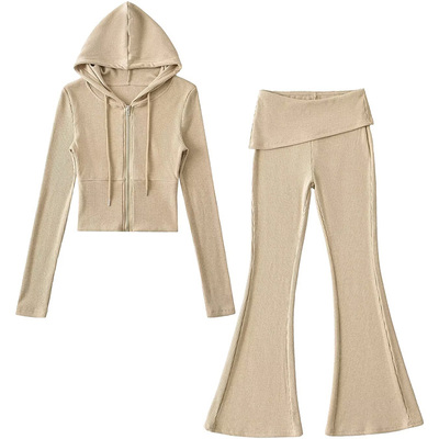 运动连帽针织开衫卫衣喇叭裤套装