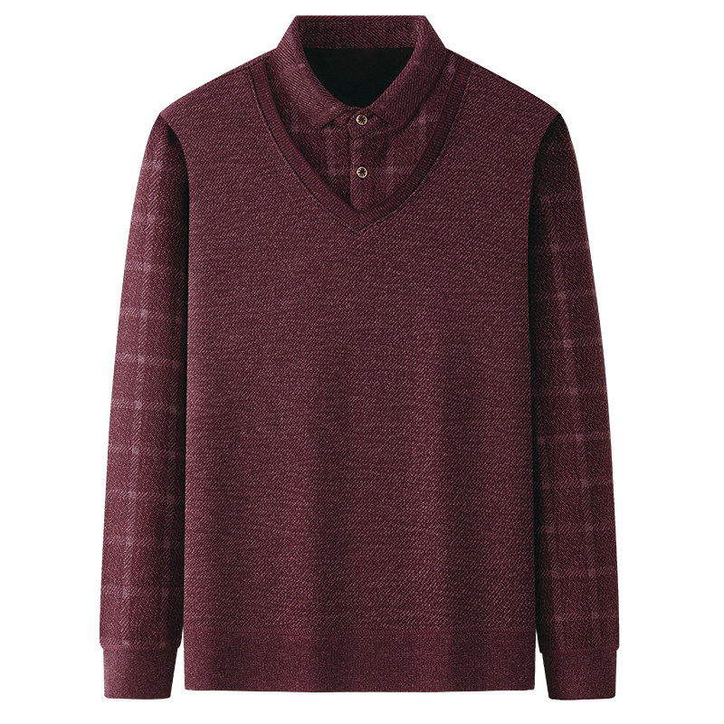 爸爸冬装本命年红色毛衣中年男士加绒衬衫假两件中老年人保暖衬衣