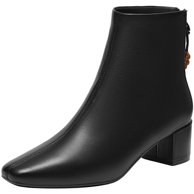 真美诗羊皮优雅粗跟弹力瘦瘦靴