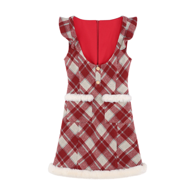 圣诞红色格纹呢子背带连衣裙