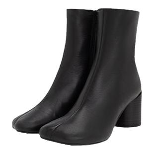 MM6黑色女士粗高跟羊皮革及踝靴中筒靴7cm时尚休闲通勤女鞋皮鞋