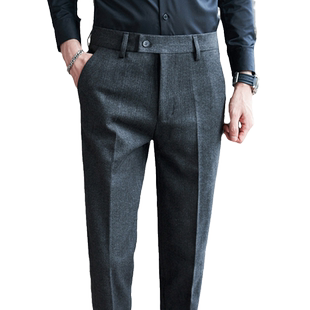 男裤子高端加厚款羊毛呢子秋冬季冬款商务西装细条纹休闲男士西裤