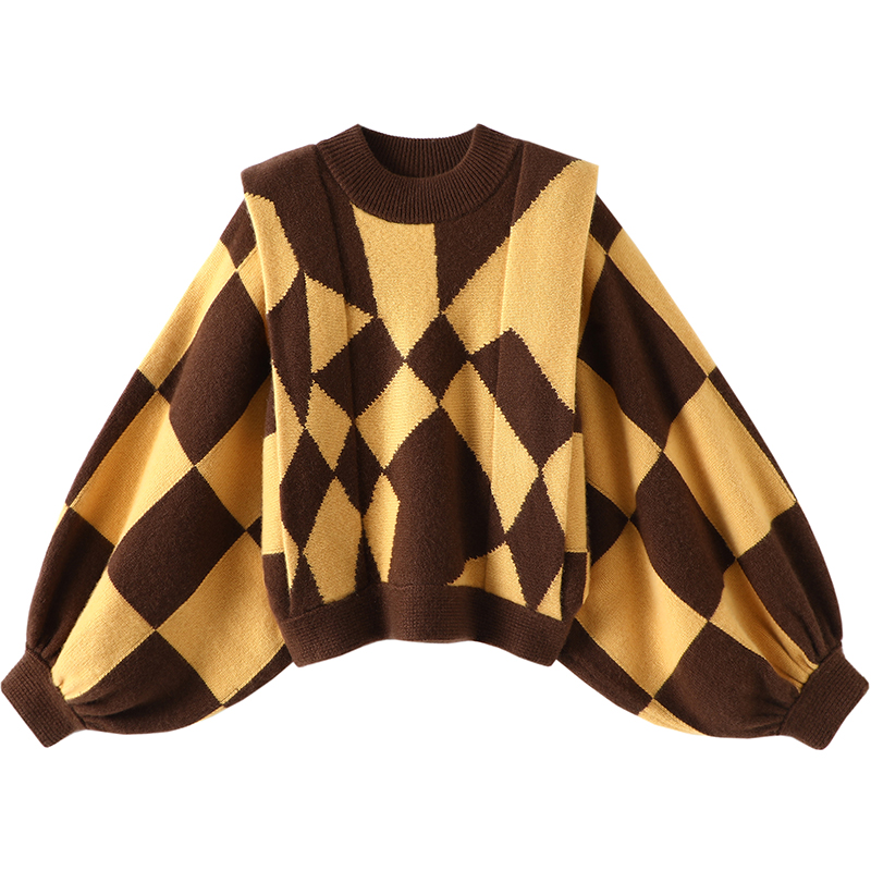 秀场C位！复古黑色菱格造型灯笼袖大克重羊绒衫毛衣女2023冬加厚
