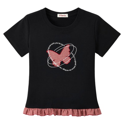 复古风刺绣格纹蝴蝶结短袖t恤女