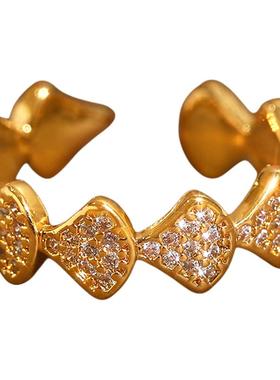 金色满钻扇形开口戒指高级感指环