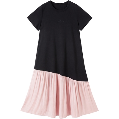 有兰拼色鱼尾短袖连衣裙