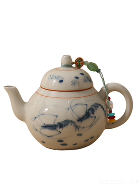 虾戏青花釉下彩纯手绘茶壶景德镇手工青花泡茶壶仿古中式小号单壶