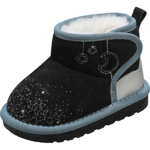 牧童宝宝雪地靴2025冬季新款女童加厚保暖黑色大棉鞋加绒幼童鞋子