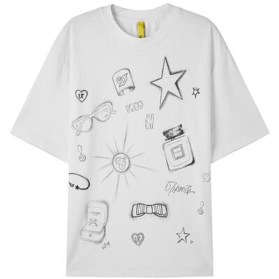 U/TI简笔涂鸦印花T恤女装 百搭落肩藏肉短袖上衣尤缇2025夏季新款