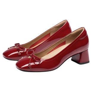 张艺凡同款小豆蔻蹀愫红鞋2025秋季中跟单鞋蝴蝶结女鞋TA65111-13