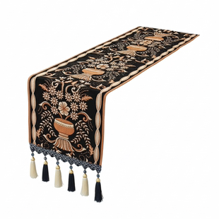 美式中古风桌旗黑色高级流苏盖布茶几防滑台布防尘床旗长条桌旗