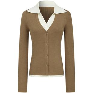 曼德诗翻领V领针织衫2025秋季新品绵羊毛打底衫假两件套头上衣