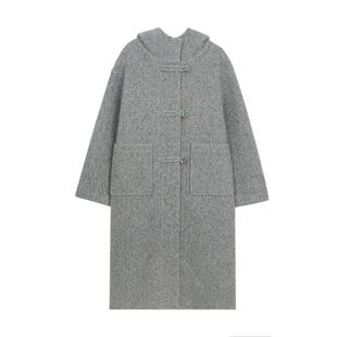 LLANO杂色圈圈呢连帽大衣羊毛呢复古英伦学院中长款厚外套女秋冬