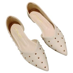 2026早春夏新款性感平底鞋尖头V口侧空铆钉软底女一脚蹬百搭单鞋