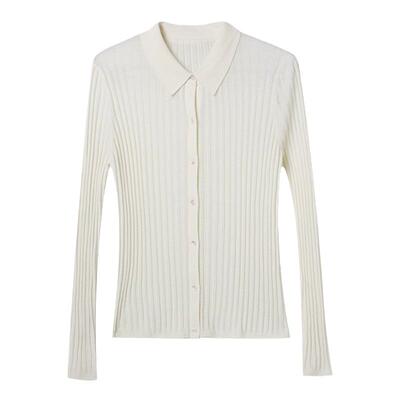 PLANITES 24SS 极细纱线全羊毛开衫白色半透坑条纹薄款衬衫女