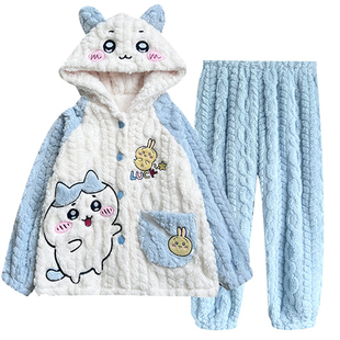 chiikawa小八女童珊瑚绒睡衣冬季加厚法兰绒乌萨奇可爱儿童家居服