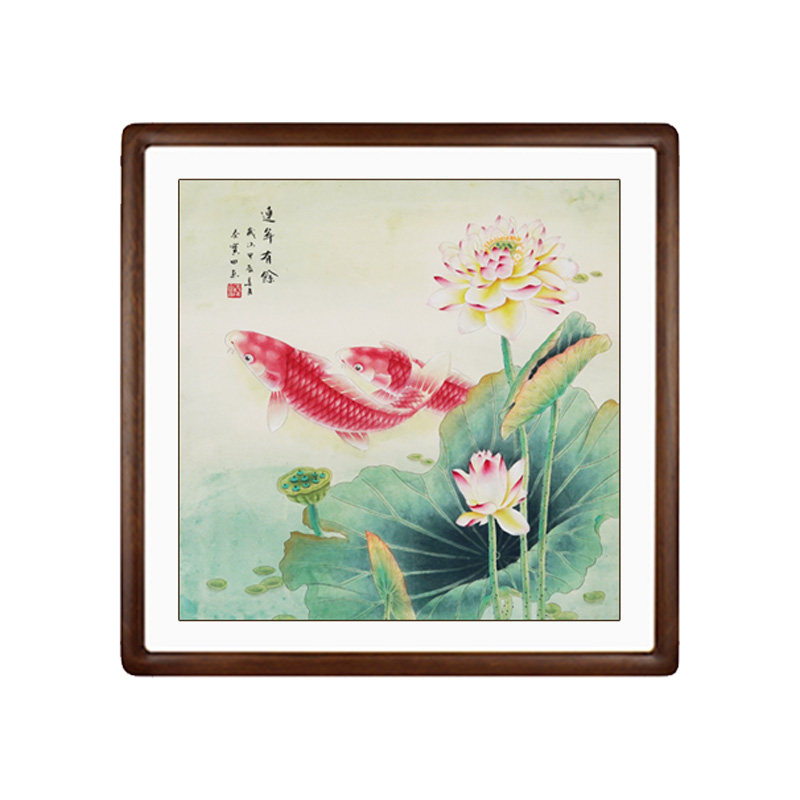 纯手绘连年有余斗方挂画荷花国画
