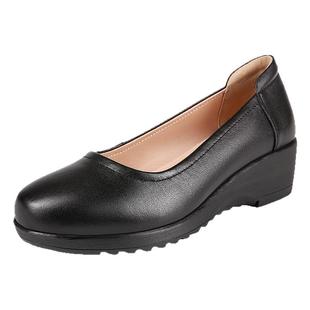 真皮黑色皮鞋坡跟防滑工作鞋女软底舒适上班职业鞋子中跟妈妈单鞋