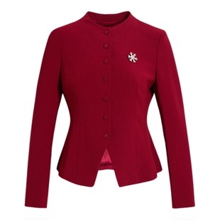 黛玛诗2025秋冬新款长袖醋酸外套正式场合优雅短外套女红色附胸针