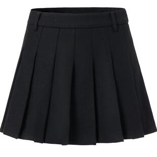 商场同款糖力 秋冬季减龄高腰百褶短裙女 黑色羊毛混纺A字半身裙