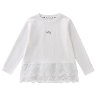 女童T恤长袖中长款春秋装儿童白色蕾丝花边打底衫女孩内搭上衣