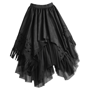 民族风镂空流苏网纱拼接不规则宽松蓬蓬裙中长款女裙半身裙子M936