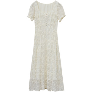 一三良品小个子 刺绣网纱蕾丝连衣裙女方领温柔气质收腰长款裙子