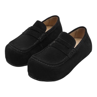 方头勃肯鞋男黑色厚底增高反绒皮一脚蹬大头乐福鞋全包通勤穆勒鞋