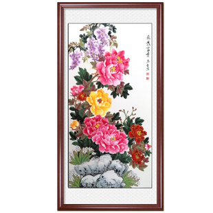 手绘牡丹国画花开富贵九鱼图客厅玄关入户走廊过道竖版装饰画挂画