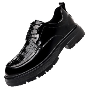 公牛世家鳄鱼纹皮鞋男款春季商务正装厚底大头德比鞋男全黑公务鞋