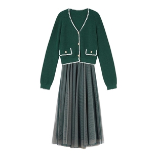 V领针织上衣A字连衣裙秋装女2025新款女装时尚百搭套装