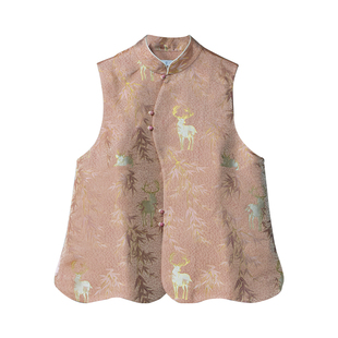 钱小萍鹿竹合鸣宋锦马甲宋锦布料成衣真丝桑蚕丝马夹中式裁缝店