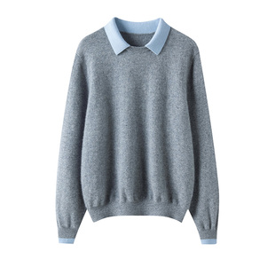 baby小山羊绒康家线撞色POLO领女宽松百搭套头针织毛衣慵懒风上衣