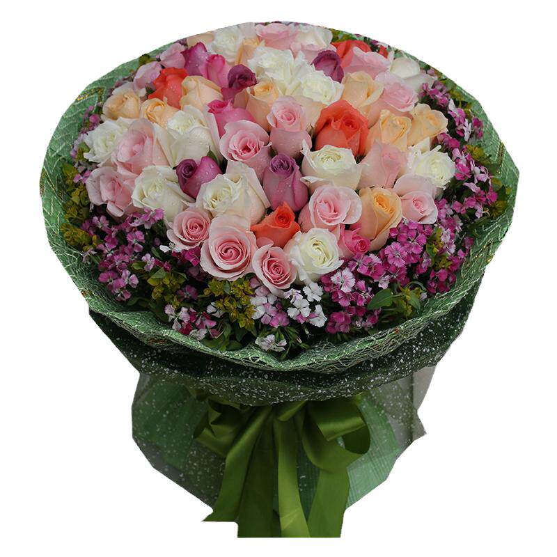 混搭51枝多色粉香槟紫白玫瑰花束鲜切生日鲜花速递北京同城配送店