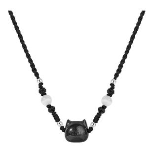zeroline猫头黑曜石项链女款轻奢中式配饰吊坠毛衣链饰品生日礼物