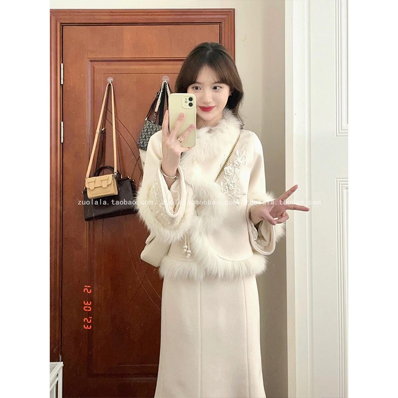 冬装搭配一整套大码胖mm新中式国风盘扣毛呢外套鱼尾半身裙套装女